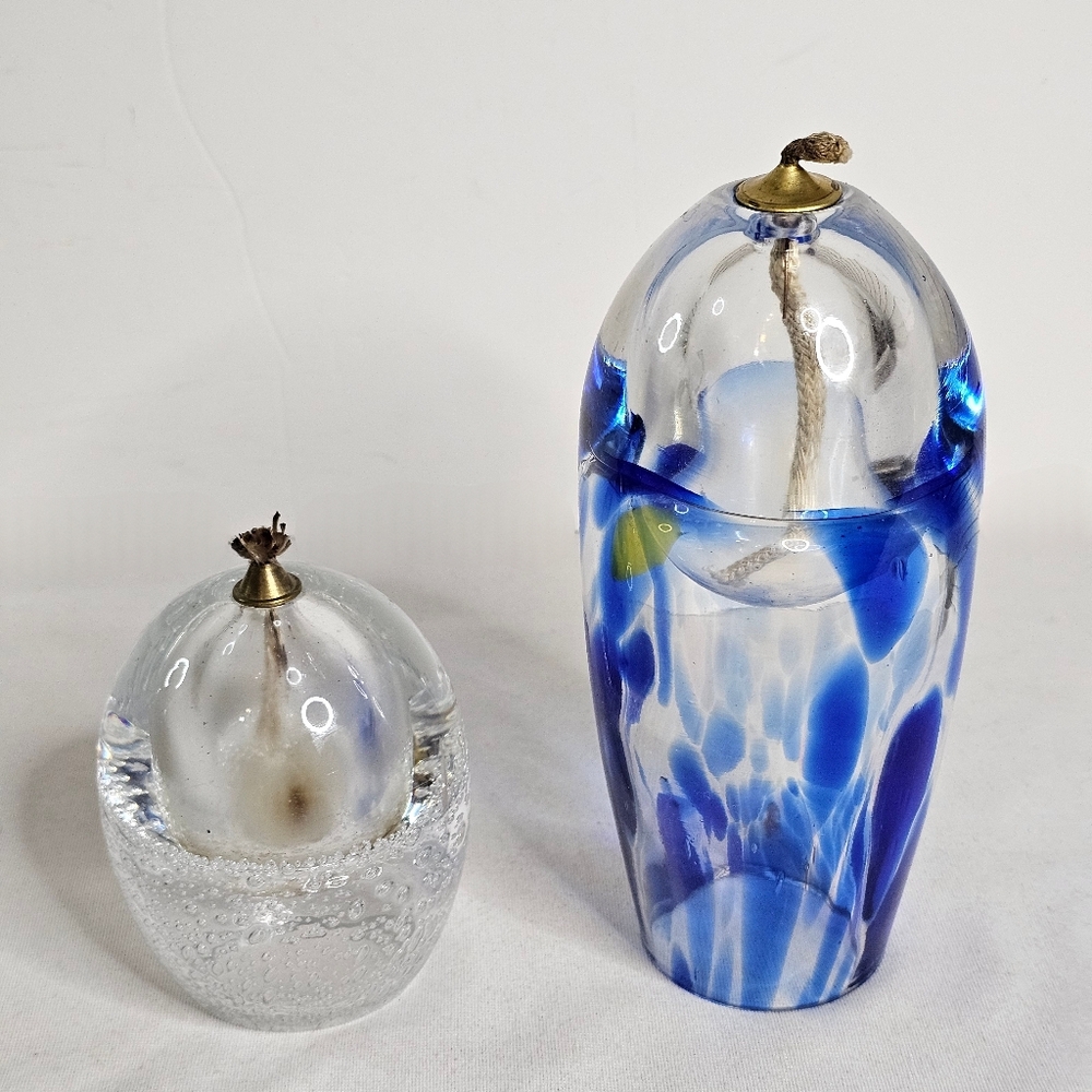 Art Blown Glass Adam Jablonski Blue & Clear Oil Lamp Paperweight Poland Lot of 2